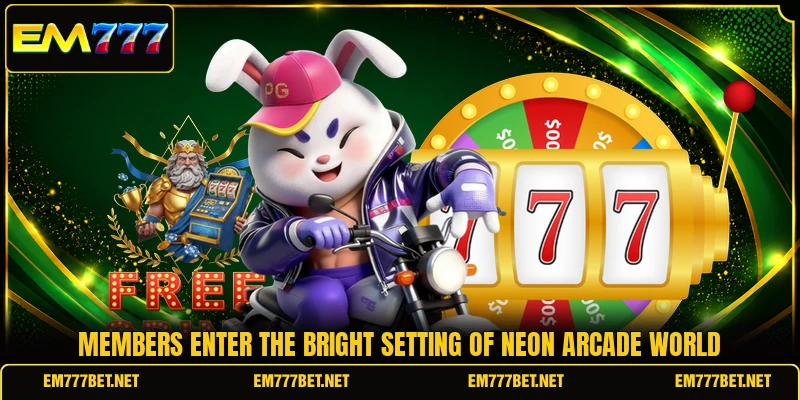 Members enter the bright setting of Neon Arcade World